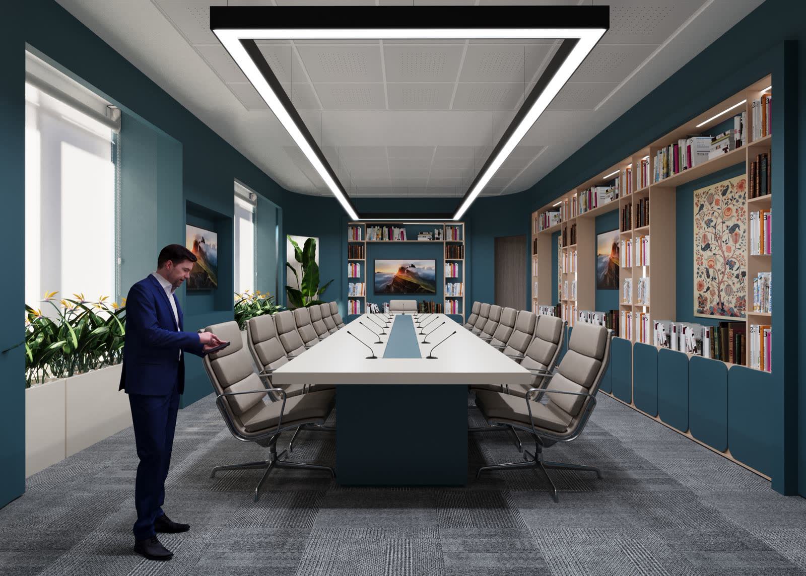 اتاق جلسه ساختمان اداری با میز بلند، قفسه کتاب و نور خطی، پروژه حقانی از معیار