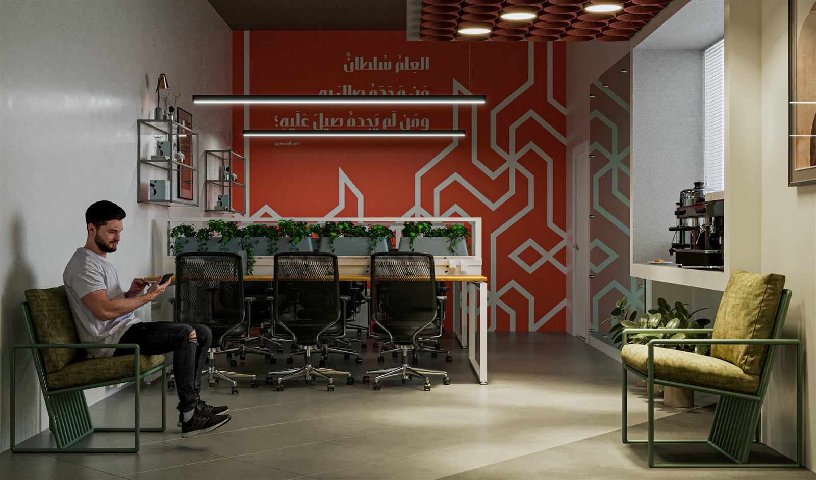 رندر گوشهی کافه و نشیمن غیررسمی دفتر کار خلاق با دیوار آجرگون گرافیکی و باکسهای گیاه به جای پارتیشن